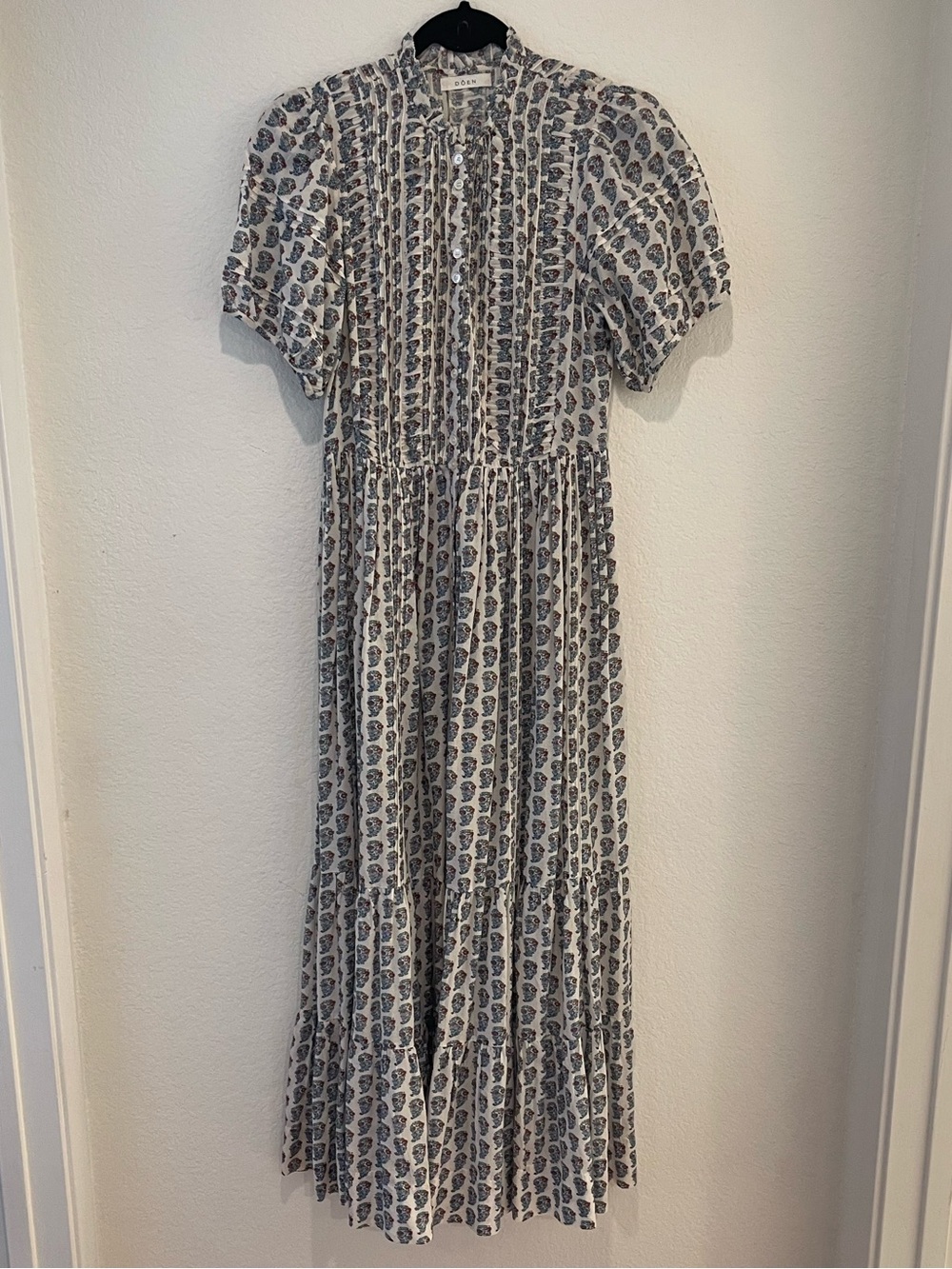 Doen Cream and Blue block Printed Midi Dress XS